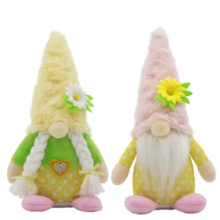 Spring Easter Daisy Flower Plush Gnome Couple in Yellow and Pink