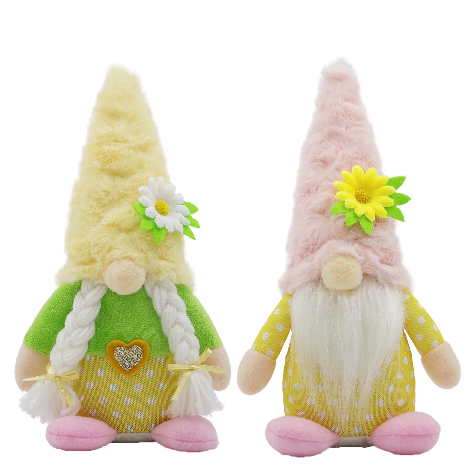 Spring Easter Daisy Flower Plush Gnome Couple in Yellow and Pink