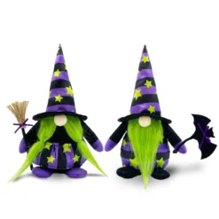Halloween Witch Gnomes with Broom and Bat Plush Decor