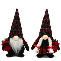 Nordic Christmas Gnome Couple with Red and Black Knitted Hats and Gift Bags