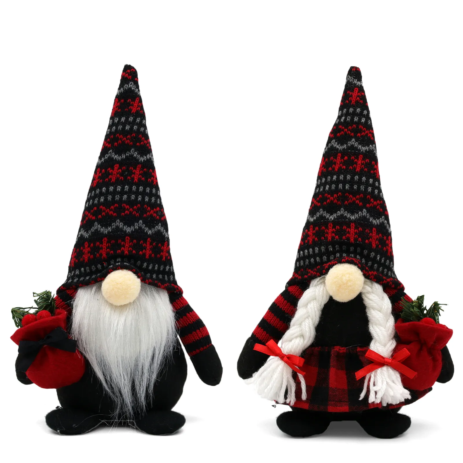 Nordic Christmas Gnome Couple with Red and Black Knitted Hats and Gift Bags