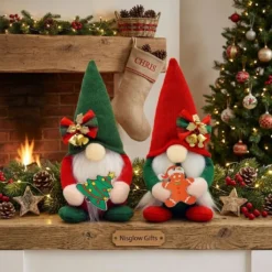 Christmas Gnome Couple Displayed on Fireplace Mantel with Tree and Garlands