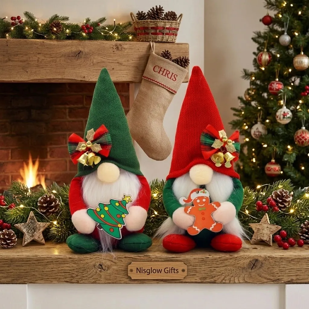 Christmas Gnome Couple Displayed on Fireplace Mantel with Tree and Garlands