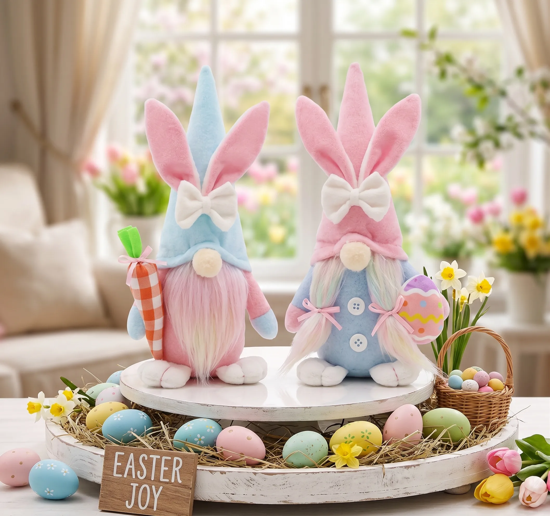 Lifestyle photograph of a pair of handcrafted Easter bunny gnomes displayed on a rustic, decorated wooden tray. The gnomes feature long ears and bowties; the left gnome holds a checkered carrot, the right holds a patterned Easter egg. The tray is filled with straw, colorful assorted Easter eggs, spring flowers, a small basket, and a wooden sign that reads "EASTER JOY". Background is a cozy, sunlit living room with a garden view.