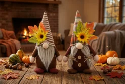 Fall Thanksgiving Sunflower Gnome Couple Displayed on Wooden Tabletop Decor
