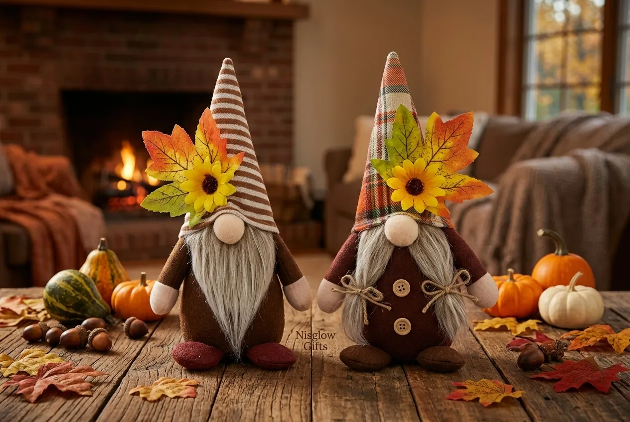 Fall Thanksgiving Sunflower Gnome Couple Displayed on Wooden Tabletop Decor