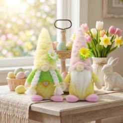 Spring Daisy Plush Gnome Couple Displayed on Wooden Tabletop Decor