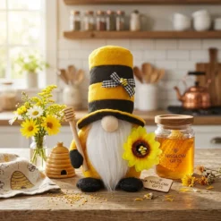 Honey Bee Plush Gnome Displayed on Farmhouse Kitchen Table with Honeycomb
