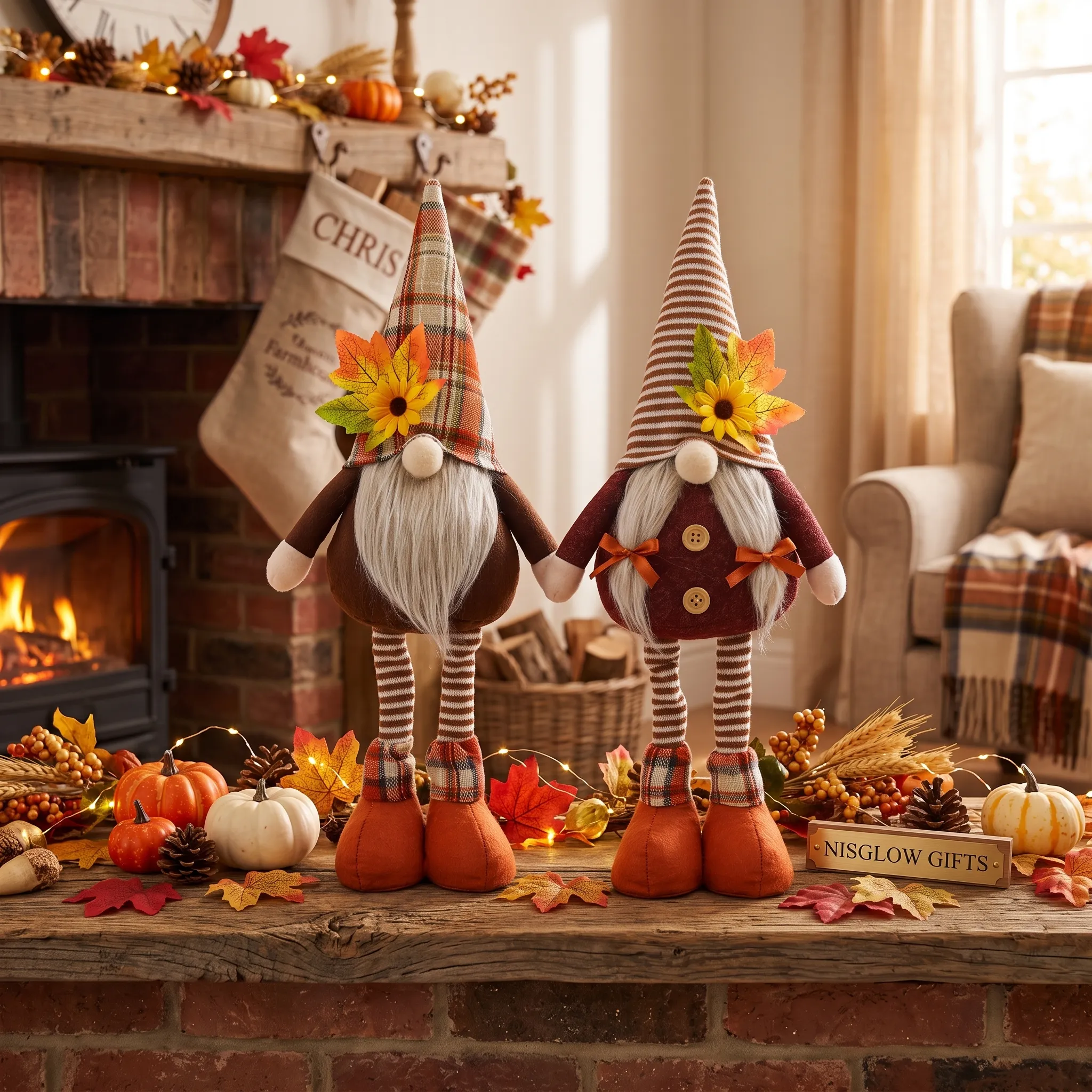 Standing Fall Harvest Gnome Couple Displayed by Fireplace Mantel Decor