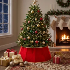 Red velvet Christmas tree collar under decorated holiday tree with gifts