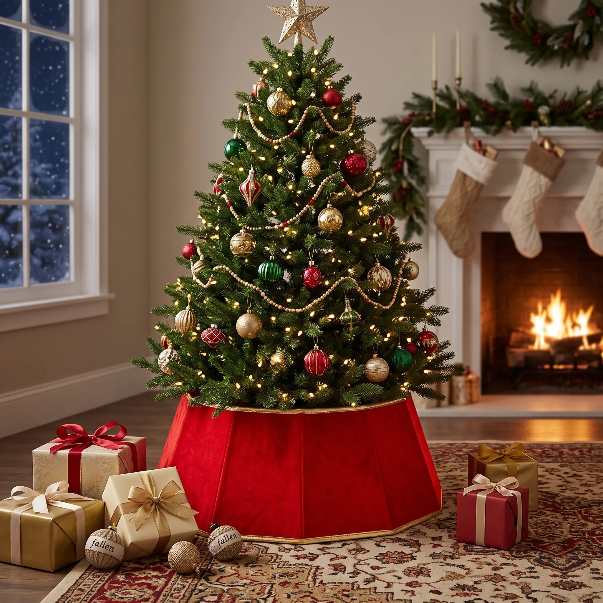 Red velvet Christmas tree collar under decorated holiday tree with gifts