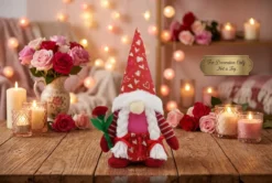 Valentine Girl Plush Gnome Displayed on Wooden Table with Roses and Candlelight