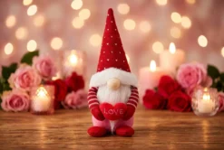 Valentine's Day Gnome on Tabletop with Romantic Roses and Lights Decor