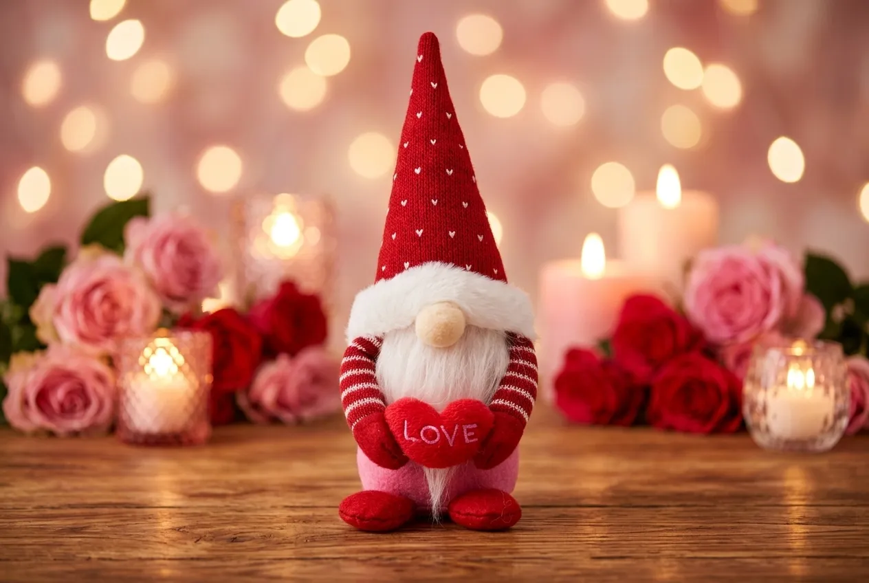 Valentine's Day Gnome on Tabletop with Romantic Roses and Lights Decor