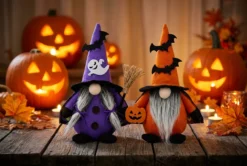 Halloween Witch Gnome Set Displayed with Pumpkins and Candlelight Decor
