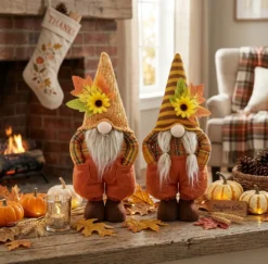 Fall Harvest Gnome Couple Displayed on Farmhouse Tabletop with Pumpkins