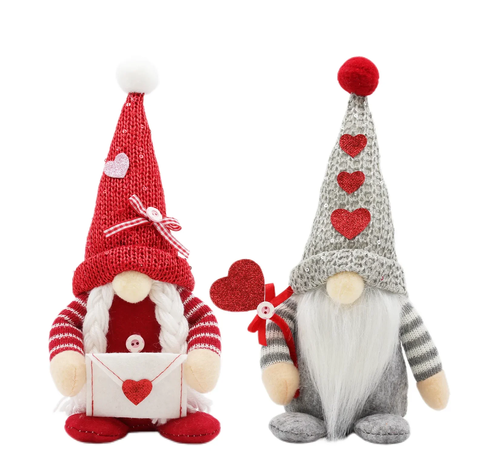 Valentine's Day Plush Gnome Couple Holding Love Envelope and Glitter Heart