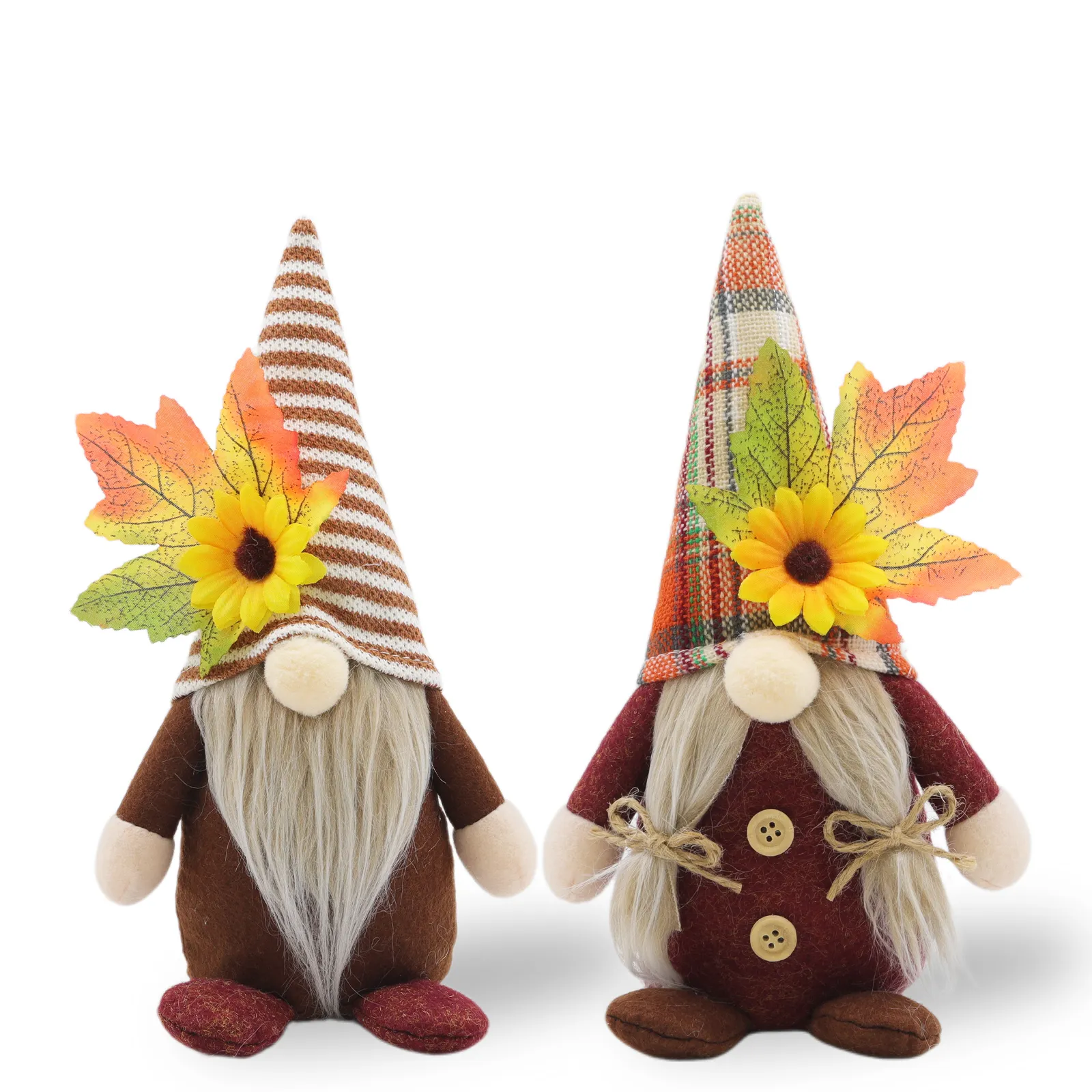 Fall Autumn Sunflower Plush Gnome Couple in Brown and Plaid Patterns