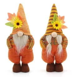 Fall Harvest Thanksgiving Plush Gnome Couple with Sunflowers and Maple Leaves