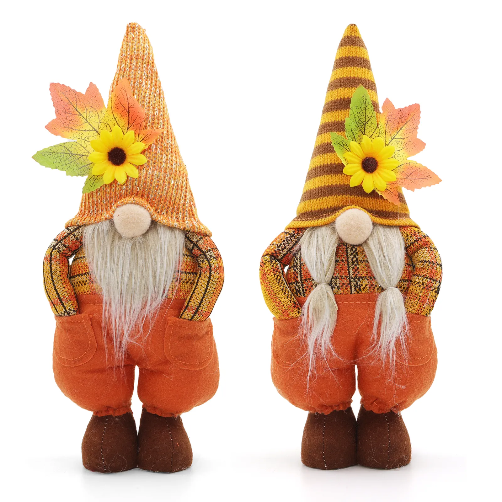 Fall Harvest Thanksgiving Plush Gnome Couple with Sunflowers and Maple Leaves