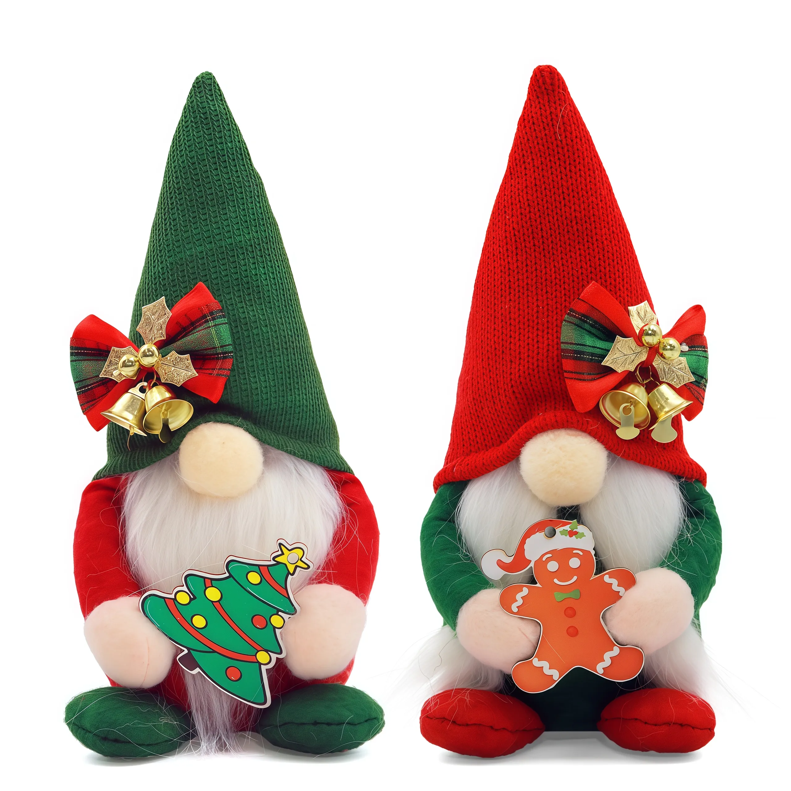 Christmas Plush Gnome Couple Holding Gingerbread Man and Christmas Tree