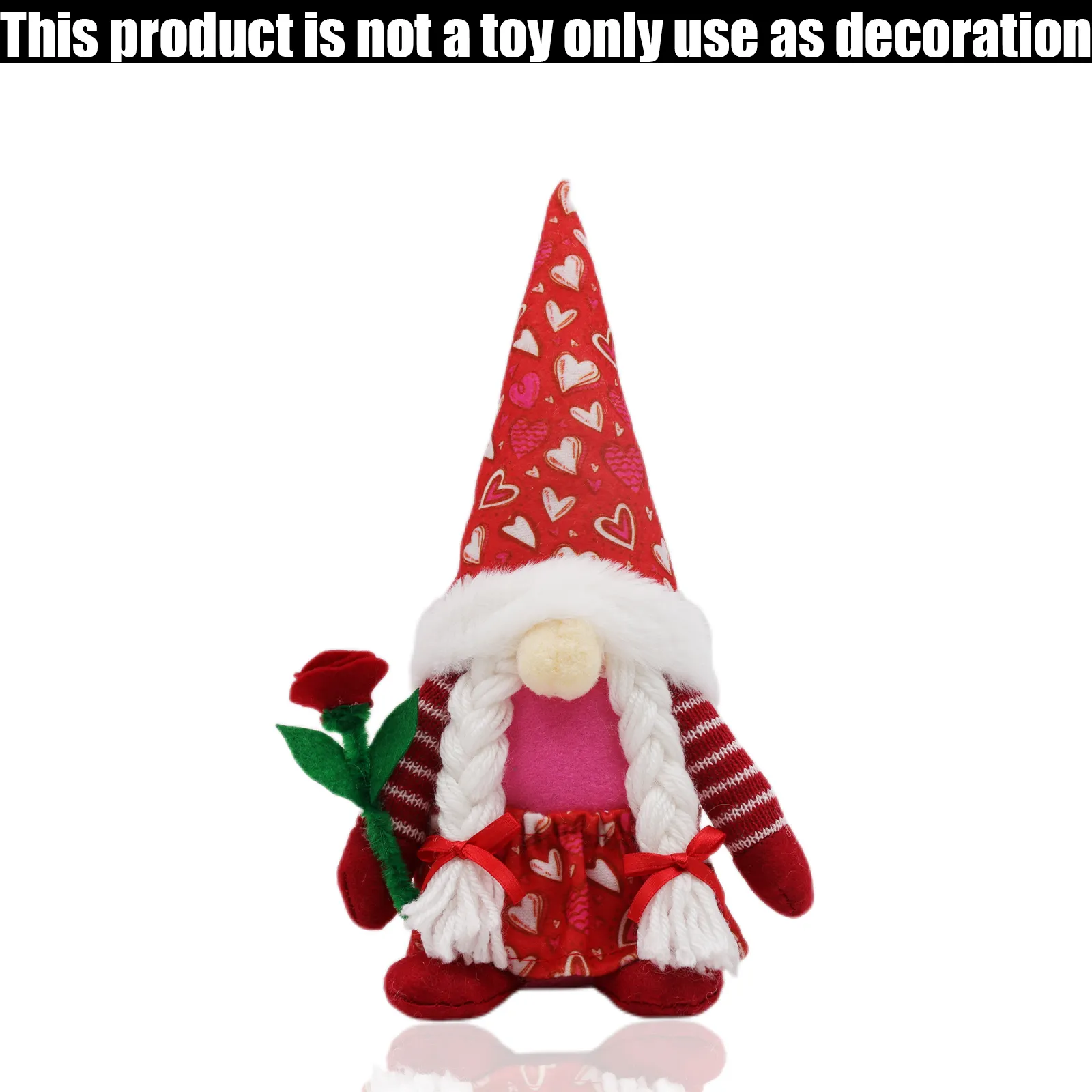 Valentine's Day Girl Plush Gnome Holding Red Rose with Heart Patterned Hat