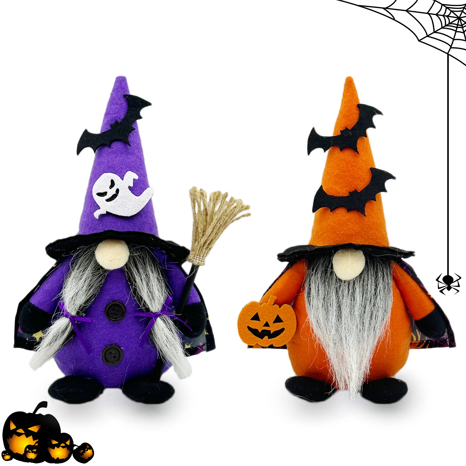 Halloween Witch Gnome Couple with Ghost Hat and Pumpkin Accessory