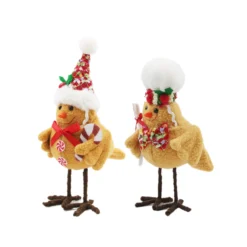 Handcrafted felt winter bird figurines with candy cane and chef hat