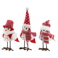 HOME插图7 Handcrafted red white and grey Christmas felt bird figurines with knit hats and scarves